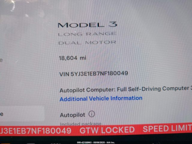 5YJ3E1EB7NF180049 Tesla Model 3 Long Range Dual Motor All-wheel Drive