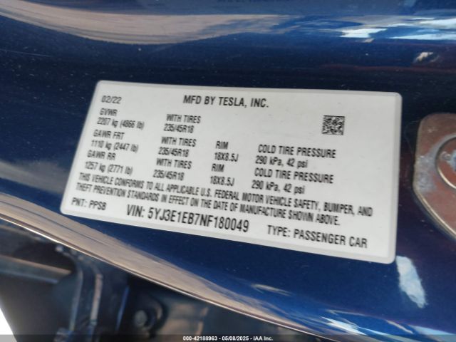 5YJ3E1EB7NF180049 Tesla Model 3 Long Range Dual Motor All-wheel Drive