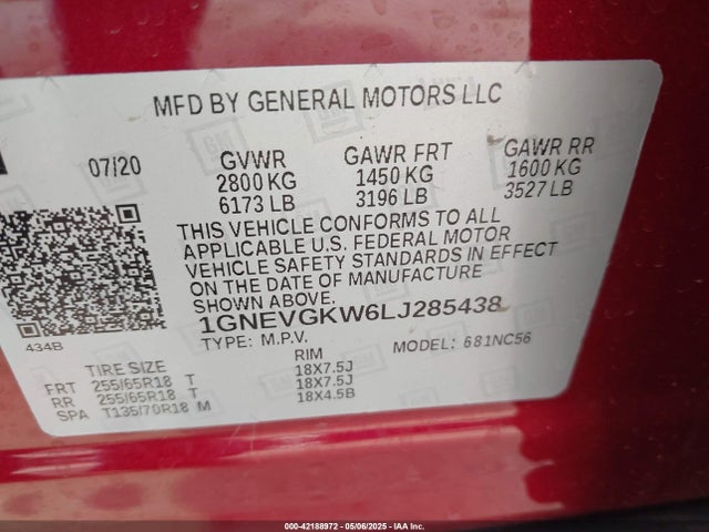 1GNEVGKW6LJ285438 Chevrolet Traverse Awd Lt Cloth