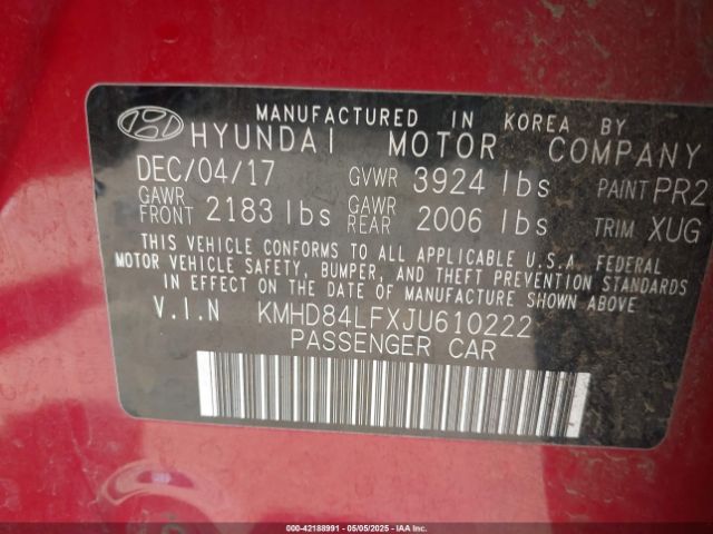 KMHD84LFXJU610222 Hyundai ELANTRA SEL