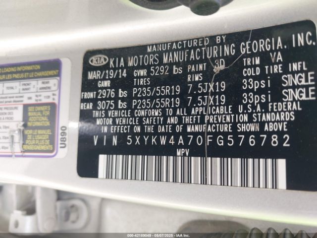 5XYKW4A70FG576782 KIA Sorento Sx V6