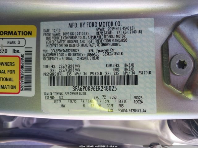 3FA6P0K96ER248025 Ford Fusion Titanium