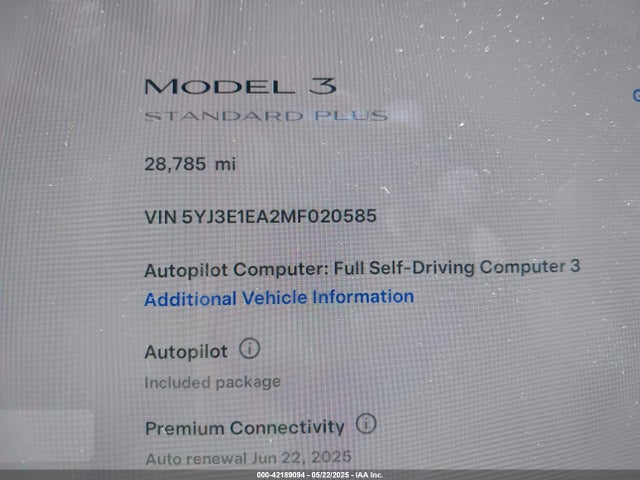 5YJ3E1EA2MF020585 Tesla Model 3 Standard Range Plus Rear-wheel Drive