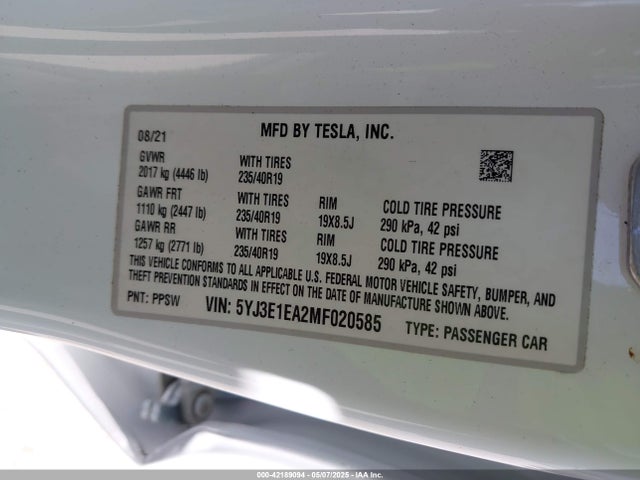 5YJ3E1EA2MF020585 Tesla Model 3 Standard Range Plus Rear-wheel Drive