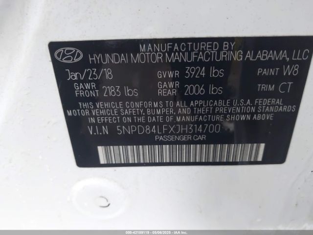 5NPD84LFXJH314700 Hyundai ELANTRA SEL