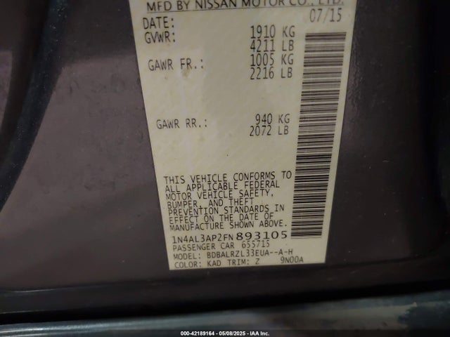 1N4AL3AP2FN893105 Nissan Altima 2.5 Sl