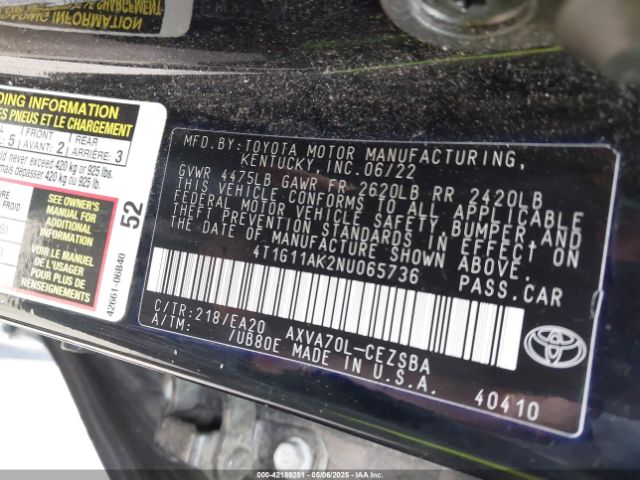 4T1G11AK2NU065736 Toyota CAMRY SE
