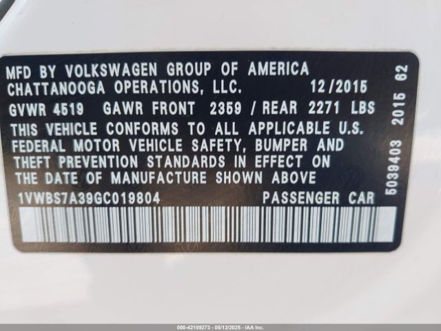 1VWBS7A39GC019804 Volkswagen Passat 1.8t Se