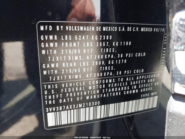 3VV3B7AX3JM210300 Volkswagen Tiguan 2.0t Se/2.0t Sel