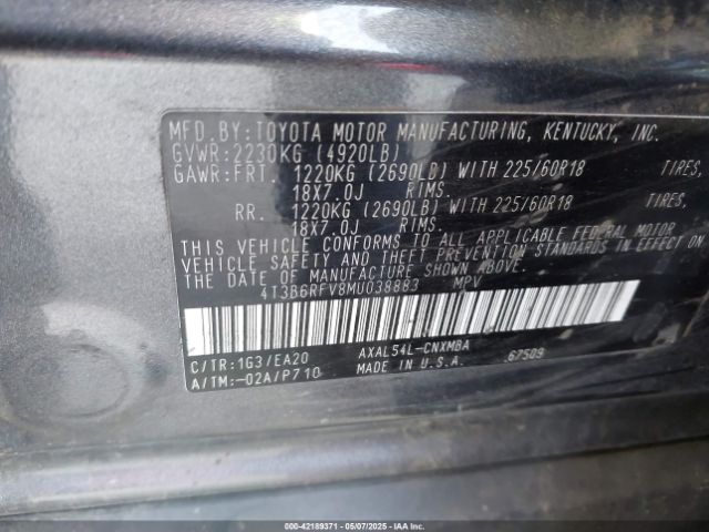 4T3B6RFV8MU038883 Toyota Rav4 Hybrid Xle Premium