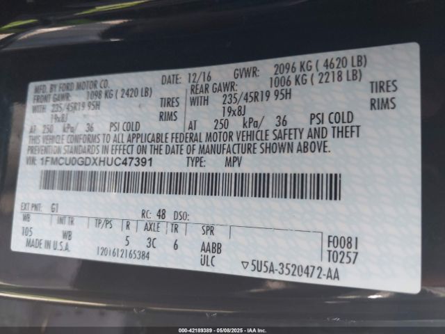1FMCU0GDXHUC47391 Ford ESCAPE SE