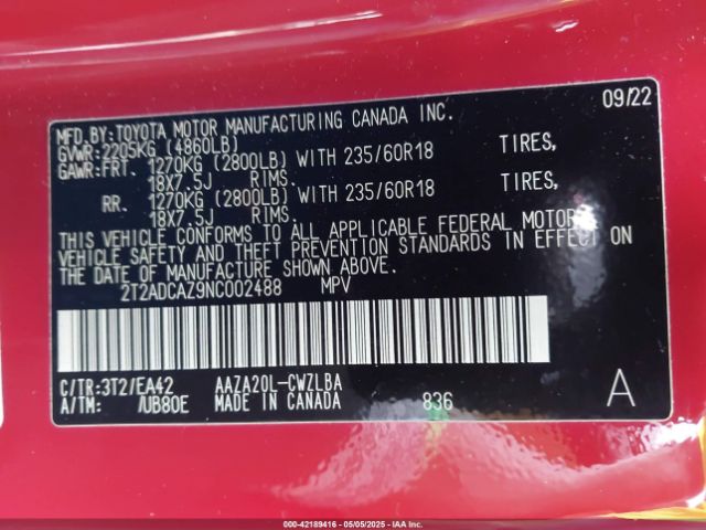 2T2ADCAZ9NC002488 Lexus NX 250