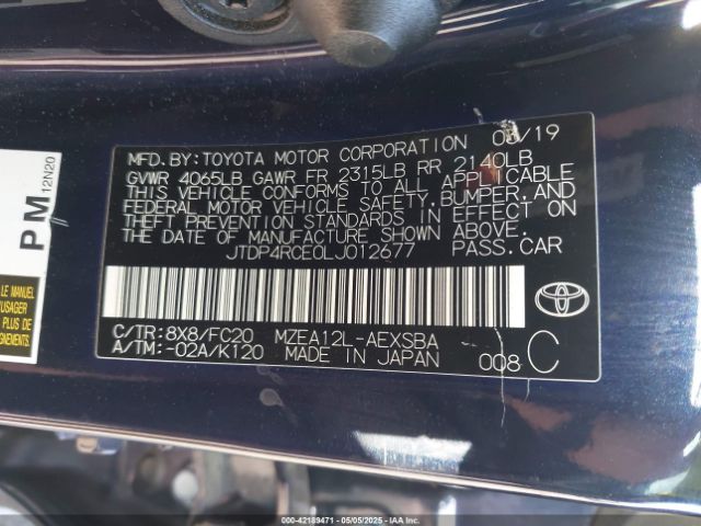 JTDP4RCE0LJ012677 Toyota COROLLA SE