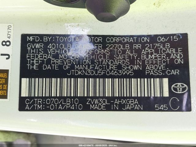 JTDKN3DU5F0463995 Toyota Prius Four