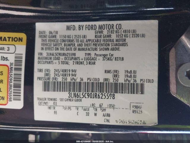 3LN6L5C90JR625598 Lincoln MKZ SELECT