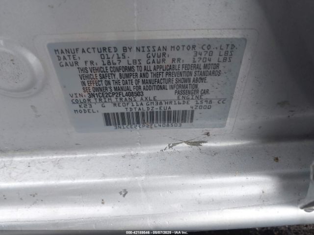 3N1CE2CP2FL408503 Nissan Versa Note S (sr)/s Plus/sl/sr/sv