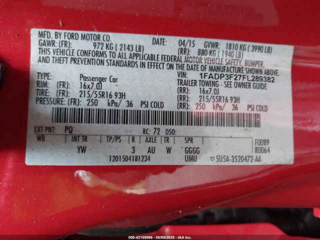 1FADP3F27FL289382 Ford FOCUS SE