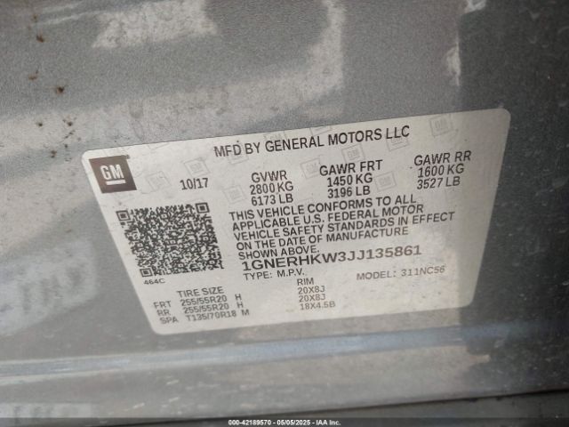 1GNERHKW3JJ135861 Chevrolet Traverse 3lt