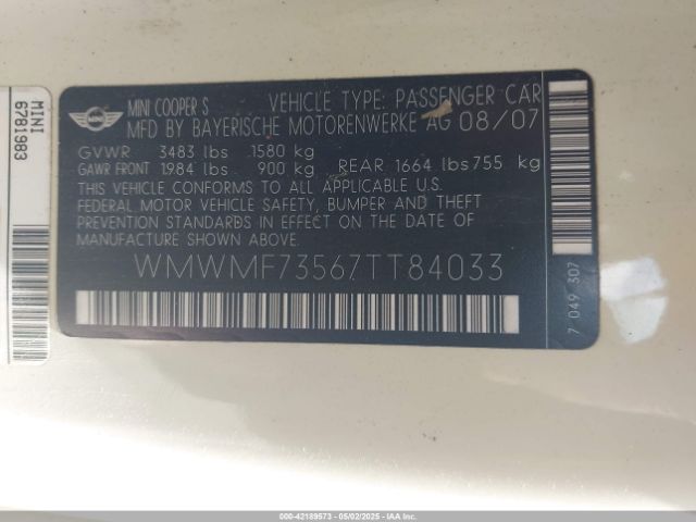 2007 MINI COOPER S WMWMF73567TT84033 Photo 8