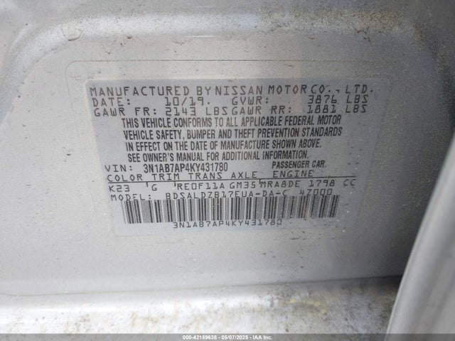 3N1AB7AP4KY431780 Nissan SENTRA SV