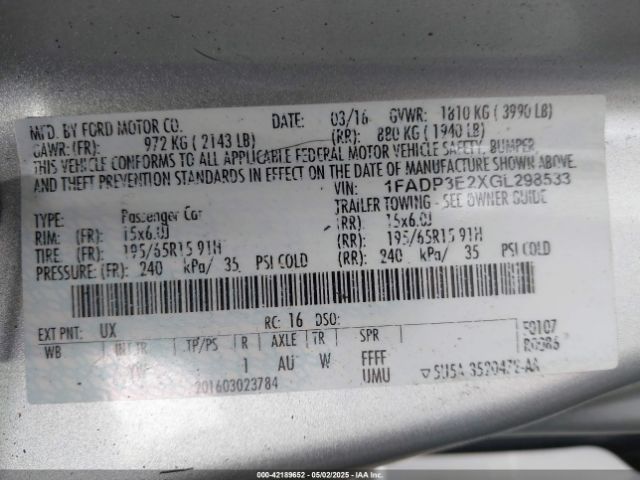 1FADP3E2XGL298533 Ford FOCUS S