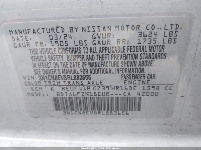 3N1CN8EV8RL883656 Nissan Versa 1.6 Sv
