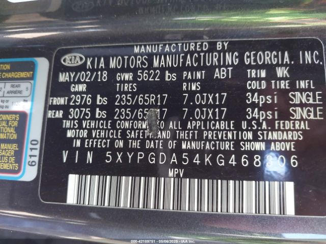 5XYPGDA54KG468306 KIA Sorento 3.3l Lx