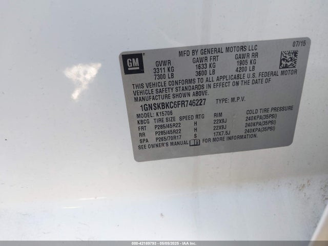 1GNSKBKC6FR746227 Chevrolet Tahoe Lt