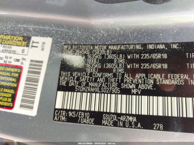 5TDHZRAHXLS027905 Toyota Highlander Xle