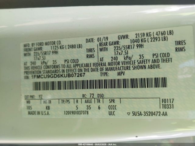 1FMCU9GD6KUB07267 Ford ESCAPE SE