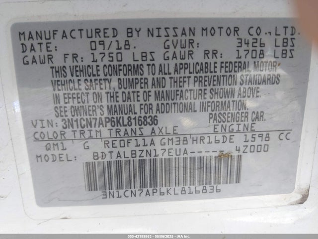 3N1CN7AP6KL816836 Nissan Versa 1.6 Sv