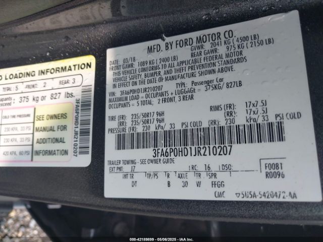 3FA6P0HD1JR210207 Ford FUSION SE