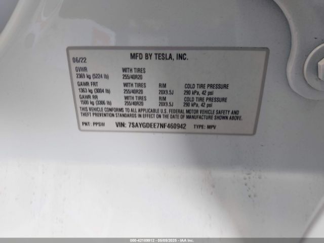 7SAYGDEE7NF460942 Tesla Model Y Long Range Dual Motor All-wheel Drive
