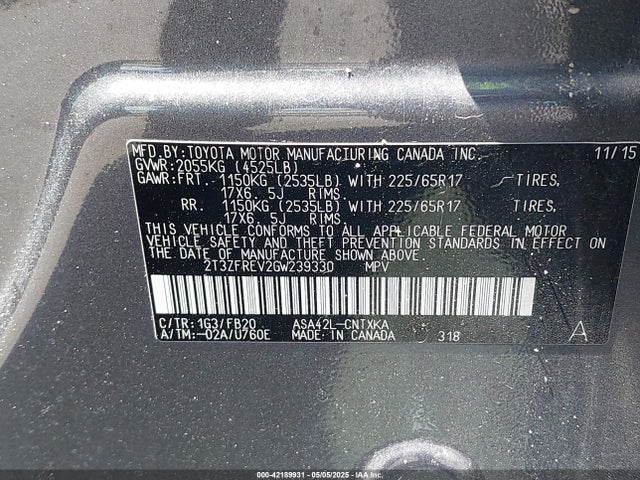 2T3ZFREV2GW239330 Toyota 2ar-fe