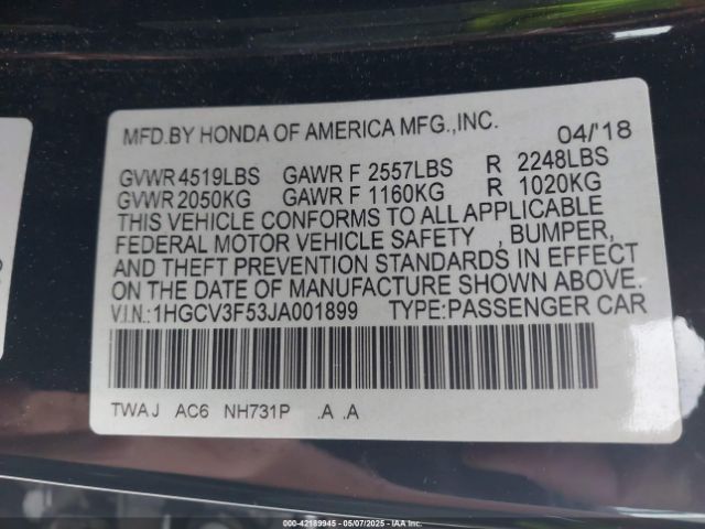 1HGCV3F53JA001899 Honda Accord Hybrid Ex-l