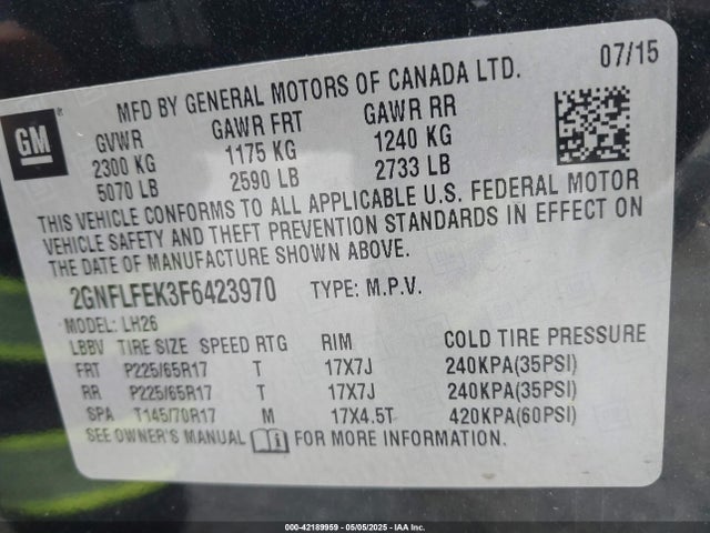 Chevrolet EQUINOX 1LT 2015 2GNFLFEK3F6423970 Image 9