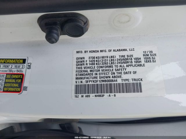 2021 HONDA RIDGELINE 5FPYK3F12MB000644 Photo 8