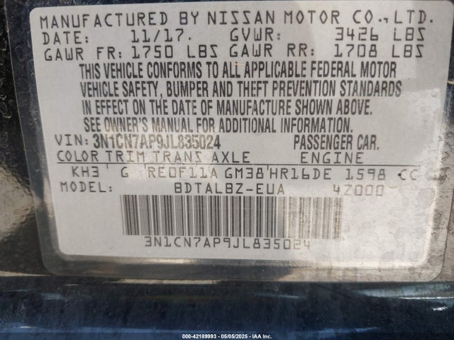 3N1CN7AP9JL835024 Nissan Versa 1.6 Sv