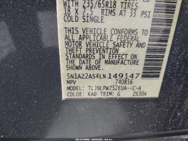 Nissan Murano S Intelligent Awd 2020 5N1AZ2AS4LN149147 Image 9