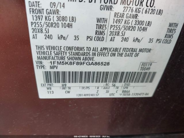 1FM5K8F89FGA86528 Ford Explorer Limited