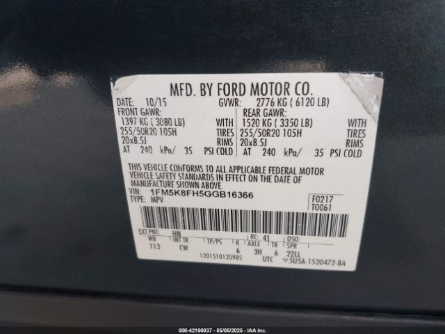 2016 FORD EXPLORER 1FM5K8FH5GGB16366 Photo 8