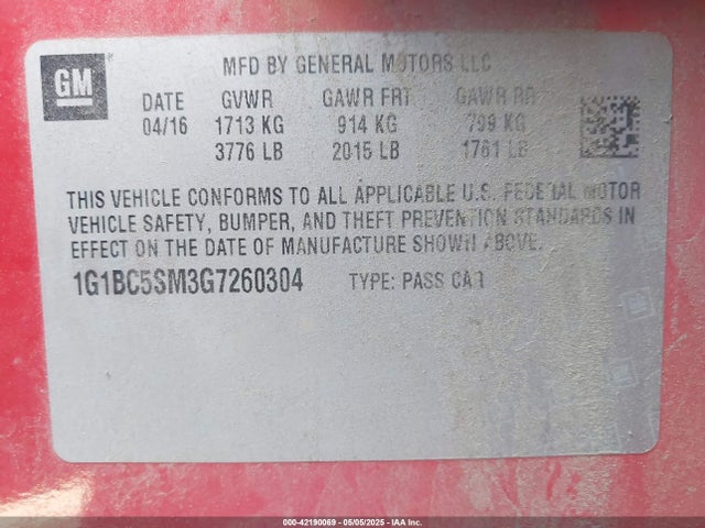 1G1BC5SM3G7260304 Chevrolet Cruze Ls Auto