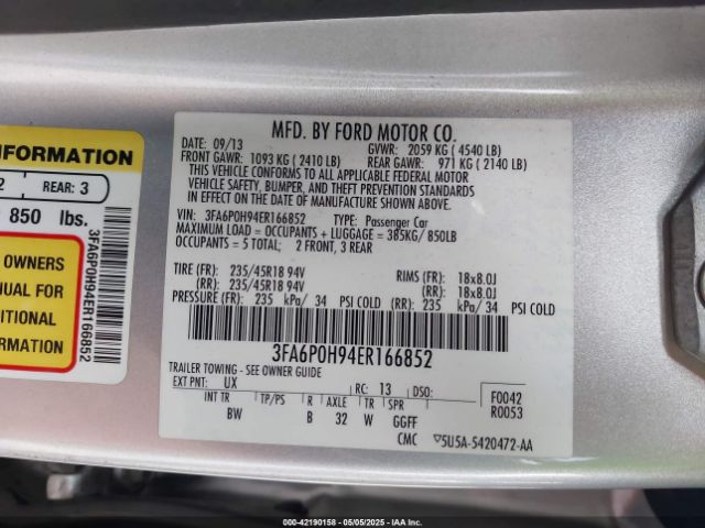 3FA6P0H94ER166852 Ford FUSION SE