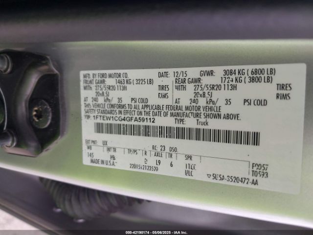 1FTEW1CG4GFA59112 Ford F-150 Lariat