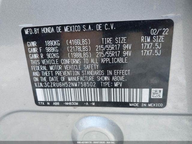3CZRU6H52NM758502 Honda Hr-v Awd Ex