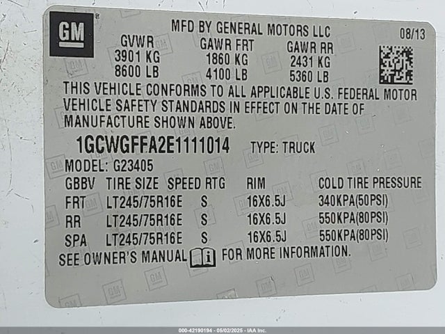 1GCWGFFA2E1111014 Chevrolet Express 2500 Work Van