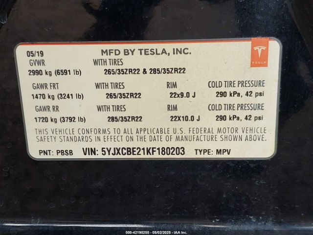 5YJXCBE21KF180203 Tesla Model X 100d/75d/long Range