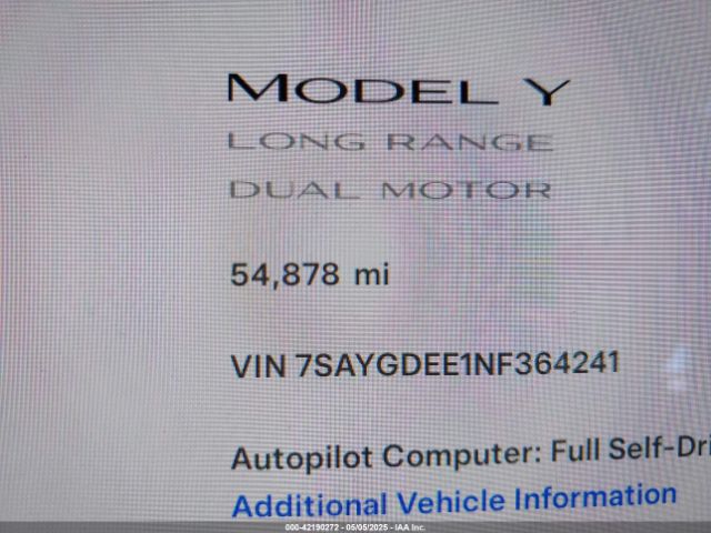 7SAYGDEE1NF364241 Tesla Model Y Long Range Dual Motor All-wheel Drive