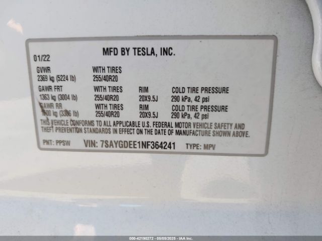 7SAYGDEE1NF364241 Tesla Model Y Long Range Dual Motor All-wheel Drive