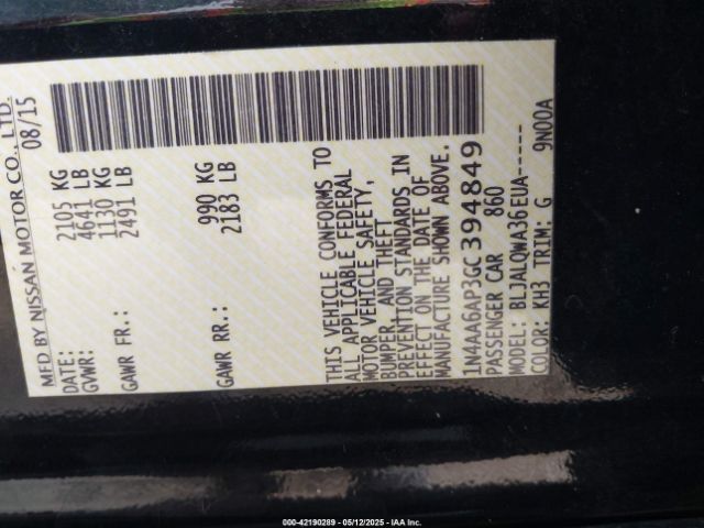 1N4AA6AP3GC394849 Nissan Maxima 3.5 Platinum/3.5 S/3.5 Sl/3.5 Sr/3.5 Sv